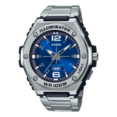 Casio, Men’s Watch Analog, Blue Dial Silver Stainless Steel Band, MWA-100HD-2AVDF