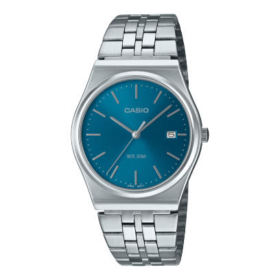 Casio men analog watch, blue dial with silver stainless steel band, model CS-MTP-B145D-2A2VDF, Bahrain