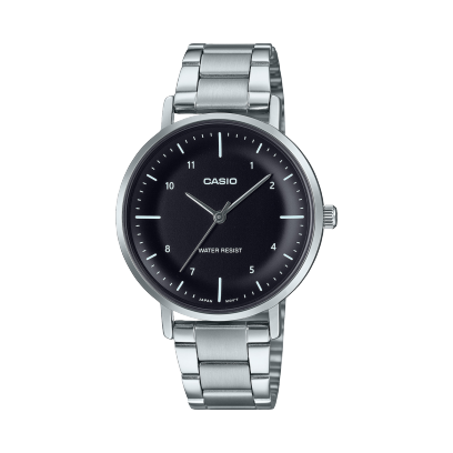 Casio men analog watch, black dial with silver stainless steel band, model CS-LTP-VT03D-1BDF, Bahrain