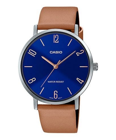 Casio, Men’s Watch Analog, Blue Dial Brown Leather Band, MTP-VT01L-2B2UD