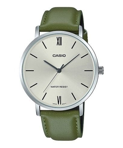 Casio, Men’s Watch Analog, Silver Dial Green Leather Band, MTP-VT01L-3BUDF