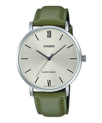 Casio, Men’s Watch Analog, Silver Dial Green Leather Band, MTP-VT01L-3BUDF