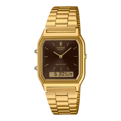 Casio unisex analog watch, black dial with gold stainless steel band, model CS-AQ-230GA-5AMQYDF, Bahrain