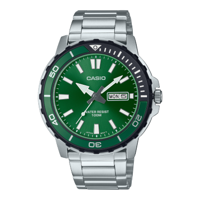 Casio men analog watch, green dial with silver stainless steel band, model CS-MTD-125D-3AVDF, Bahrain