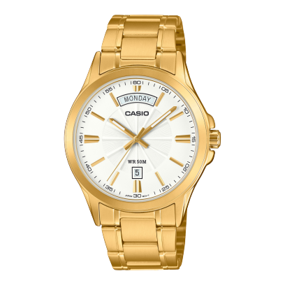 Casio men analog watch, white-1 dial with gold stainless steel band, model CS-MTP-1381GD-7AVDF, Bahrain