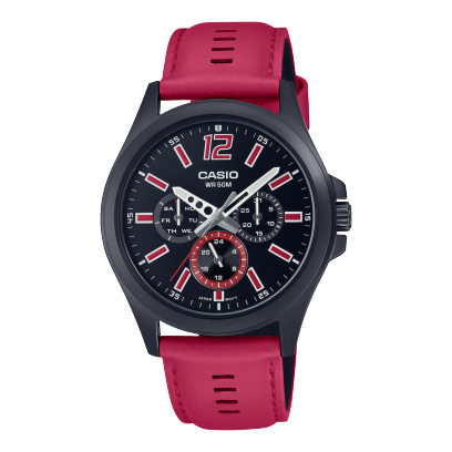 Casio, Men's Watch Analog,Black Dial Red Leather Band, MTP-E350BL-1BVD