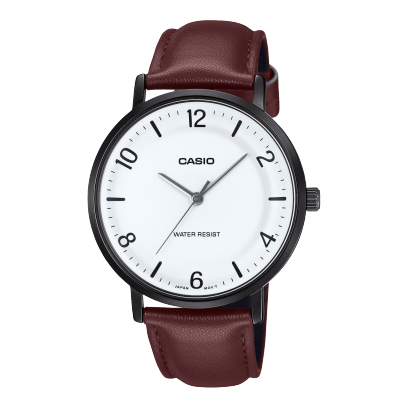 Casio men analog watch, white dial with brown leather strap, model CS-MTP-VT03BL-7BDF, Bahrain