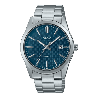 Casio men analog watch, blue dial with silver stainless steel band, model CS-MTP-VD03D-2A2UDF, Bahrain