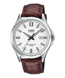 Casio, Menâ€™s Watch Analog, White Dial Brown Leather Band, MTS-100L-7AVDF