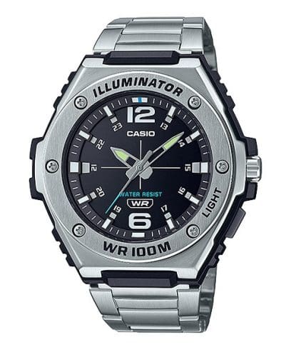 Casio men analog watch, black dial with silver stainless steel band, model CS-MWA-100HD-1AVDF, Bahrain