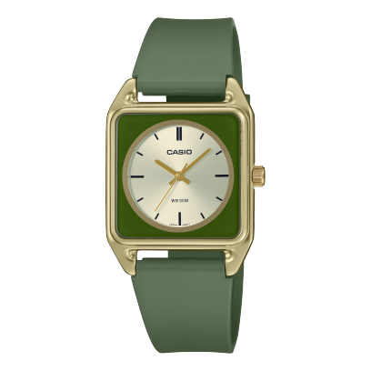 Casio men analog watch, silver dial with green resin band, model CS-MTP-B170-3EVDF, Bahrain