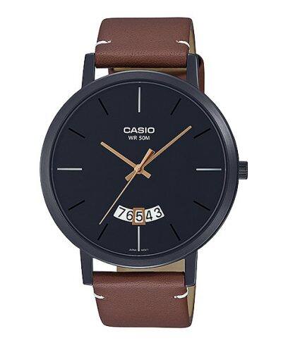 Casio, Menâ€™s Watch Analog, Black Dial Brown Leather Band, MTP-B100BL-1EVD