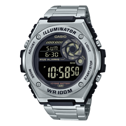 Casio,Men's Watch Digital, Black Dial Silver  Stainless Steel Band, MWD-100HD-1BVDF