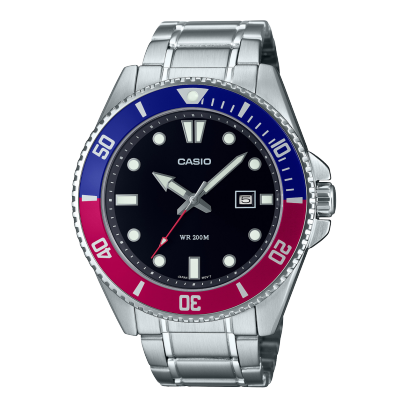 Casio men analog watch, black dial with silver stainless steel band, model CS-MDV-107D-1A3VDF, Bahrain