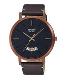 Casio, Menâ€™s Watch Analog, Black Dial Brown Leather Band, MTP-B100RL-1EVD