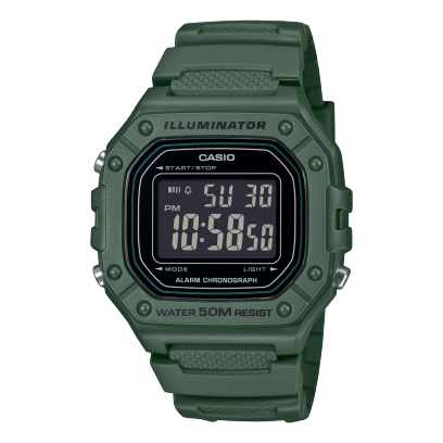 Casio Men's Watch Digital Black Dial with Green Resin Band, W-218H-3BVDF