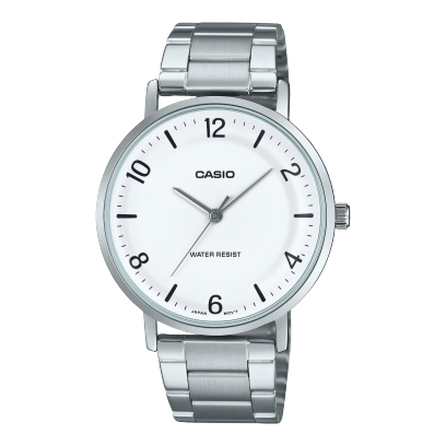 Casio men analog watch, white dial with silver stainless steel band, model CS-MTP-VT03D-7BDF, Bahrain