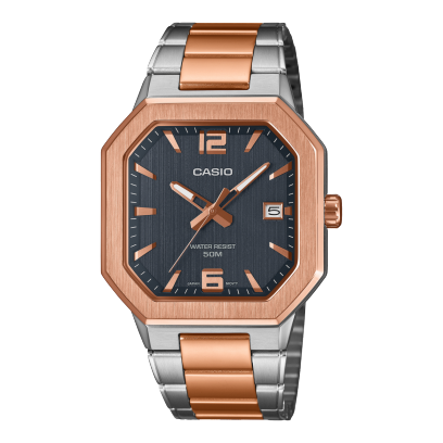 Casio men analog watch, black dial with two toned rose gold and silver stainless steel strap, model CS-MTP-B195RG-2AVDF, Bahrain