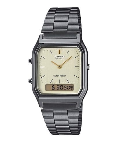 Casio Vintage Unisex Watch Analog-Digital Beige Dial With Metallic Grey Stainless Steel Band, AQ-230GG-9ADF