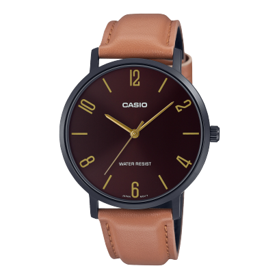 Casio, Men’s Watch Analog, Black Dial Brown Leather Band, MTP-VT01BL-5BUD