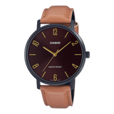 Casio, Men’s Watch Analog, Black Dial Brown Leather Band, MTP-VT01BL-5BUD