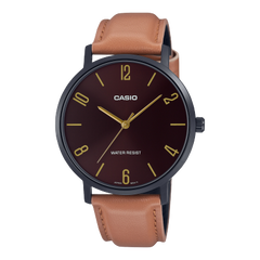 Casio, Men’s Watch Analog, Black Dial Brown Leather Band, MTP-VT01BL-5BUD