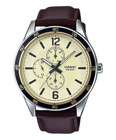 Casio, Men's Watch Analog, Beige Dial Brown Leather Band, MTP-E319L-9BVDF