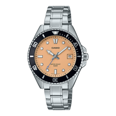 Casio men analog watch, orange dial with silver stainless steel band, model CS-MDV-10D-4A2VDF, Bahrain