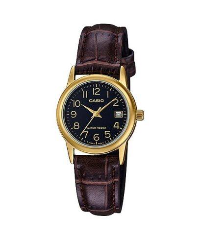 Casio, Womenâ€™s Watch Analog, Black Dial Brown Leather Band, LTP-V002GL-1BUD