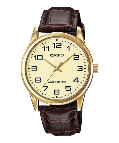 Casio, Men's Watch Analog, Gold Dial Brown Leather Band, MTP-V001GL-9BUD