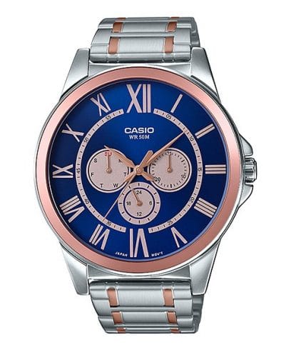 Casio men analog watch, blue dial with comfortable strap, model CS-MTP-E318RG-2BVD, Bahrain