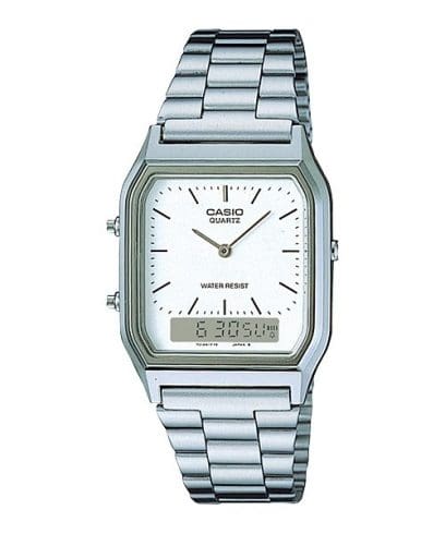 Casio Vintage Unisex Watch Analog-Digital White Dial With Silver Stainless Steel Band, AQ-230A-7DMQD