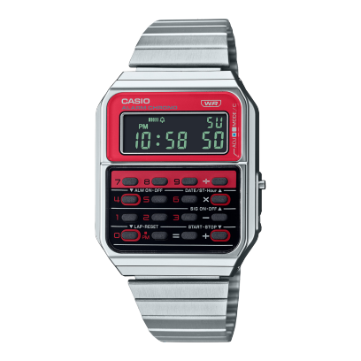Casio unisex analog watch, red dial with silver stainless steel band, model CS-CA-500WE-4BDF, Bahrain