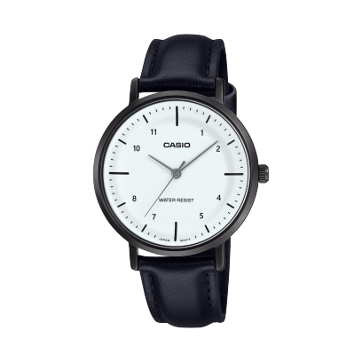 Casio men analog watch, white dial with black leather strap, model CS-LTP-VT03BL-7BDF, Bahrain