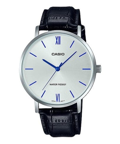 Casio, Men’s Watch Analog, Silver Dial Green Leather Band, MTP-VT01L-7B1UD