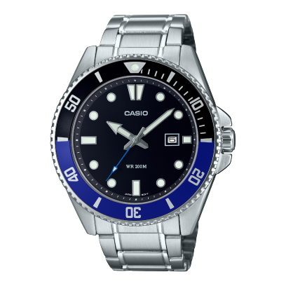 Casio men analog watch, black dial with silver stainless steel band, model CS-MDV-107D-1A2VDF, Bahrain