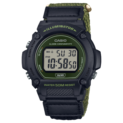 Casio, Men’s Watch Digital, Black Dial Green Cloth Band, W-219HB-3AVDF