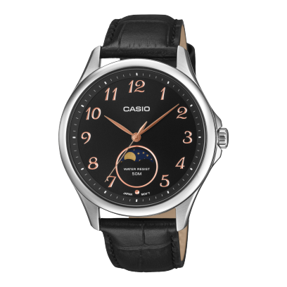 Casio men analog watch, black dial with black leather band, model CS-MTP-M110L-1AVDF, Bahrain