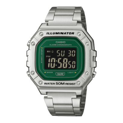 Casio Men's Digital Watch Green Dial with Silver Stainless Steel Band, W-218HD-3AVDF