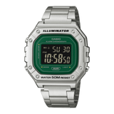 Casio Men's Digital Watch Green Dial with Silver Stainless Steel Band, W-218HD-3AVDF