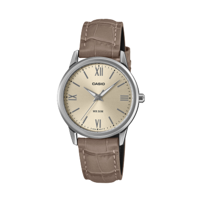Casio men analog watch, beige dial with brown leather band, model CS-LTP-1303LL-7AVDF, Bahrain