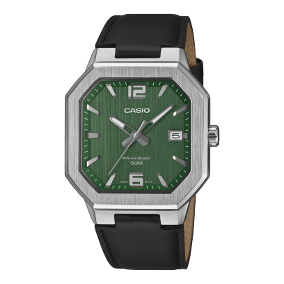 Casio men analog watch, green dial with leather strap, model CS-MTP-B195L-3AVDF, Bahrain