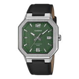 Casio men analog watch, green dial with leather strap, model CS-MTP-B195L-3AVDF, Bahrain