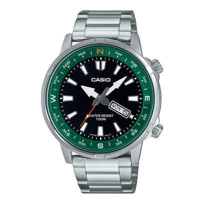 Casio men analog watch, green dial with silver stainless steel band, model CS-MTD-130D-1A3VDF, Bahrain