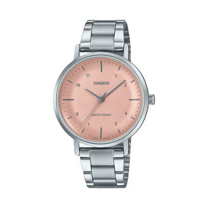 Casio men analog watch, pink dial with silver stainless steel band, model CS-LTP-VT03D-4BDF, Bahrain