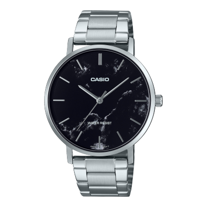 Casio men analog watch, black dial with silver stainless steel band, model CS-MTP-VT01DM-1AUDF, Bahrain