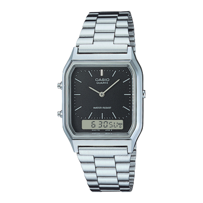 Casio Vintage Unisex Watch Analog-Digital Black Dial With Silver Stainless Steel Band, AQ-230A-1DMQD