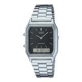 Casio Vintage Unisex Watch Analog-Digital Black Dial With Silver Stainless Steel Band, AQ-230A-1DMQD