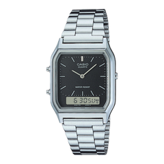 Casio Vintage Unisex Watch Analog-Digital Black Dial With Silver Stainless Steel Band, AQ-230A-1DMQD