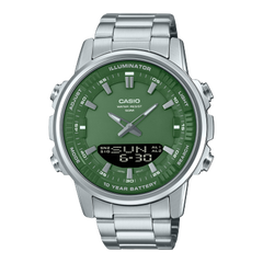 Casio Men's Watch Analog-Digital Green Dial With Silver Stainless Steel Band, AMW-880D-3AVDF